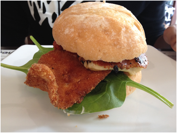 Chicken Parmigiana Burger - Crumbed free range chicken breast, thick cut mozzarella, eggplant, baby spinach, home-made mayonnaise & tomato relish ($16.50)