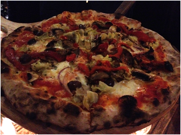 Pizza Al Forno Legna (Woodfire): Ferrara ($29.50) - eggplant, mushrooms, wood fire roaasted capsicum, semi sundried tomatoes, red onion, D.O.P fior de latte mozzarella, artichokes w/ ligurian olives