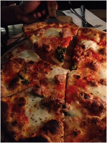 Pizza Al Forno Legna (Wood Fired) - Cornuto ($27.50) - Italian sausages, origano, basil, D.O.P buffalo mozzarella & chilli