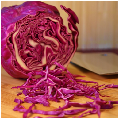 Local organic red cabbage for the Thai Tofu Tacos.  Be sure to slice the cabbage thin for your tacos.  Use a sharp knife or a mandolin to achieve this effect