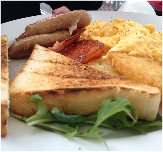 Bacon, Eggs, Sausage & Mushroom served w/ grilled tomato, toast & hash brown - dad chose the eggs to be scrambled ($17.90)