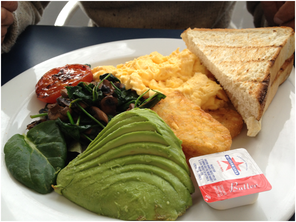 Vegetarian Big Breakfast - Eggs (both chose scrambled), mushrooms, hashbrowns, grilled tomato, avocado, baby english spinach with toast ($15.90)