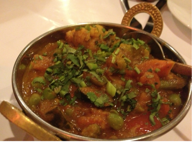 MIXED VEGETABLE CURRY - Fresh seasonal mixed vegetable cooked in a mild sauce flavored with home ground spices ($12.90)