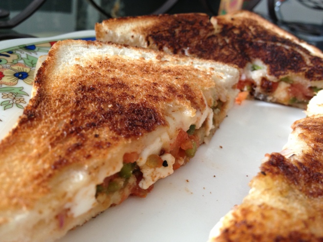 Starting with the homemade magic now - I have an aunty. She cooks like a god. A GOD. Check out this paneer sauté something sandwich. DESERVES TO BE ON A SILVER PLATTER.