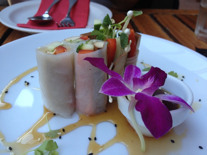 Fresh Spring Roll - House made fresh spring roll of marinated tofu, enoki mushroom, capsicum, snow peas sprouts and cucumber with house sesame and tamarind sauce - $7.90